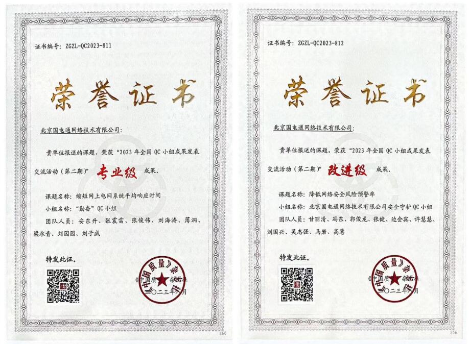 國(guó)網(wǎng)信通產(chǎn)業(yè)集團(tuán)國(guó)電通兩項(xiàng)QC成果分獲2023年全國(guó)QC小組成果二、三等獎(jiǎng)